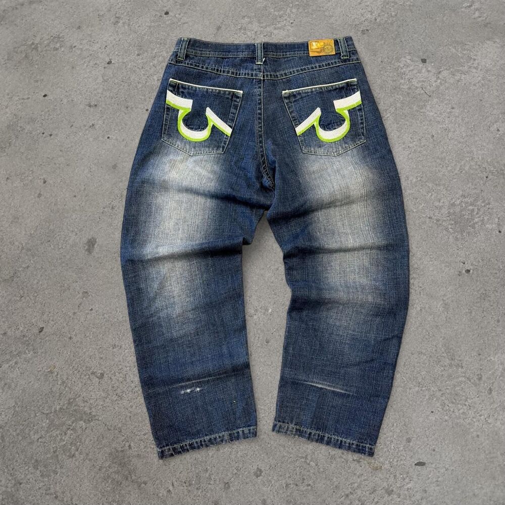 Y2K 2000s Baggy Faded Blue Denim Jeans with Green & White Embroidered Eye 40x34
